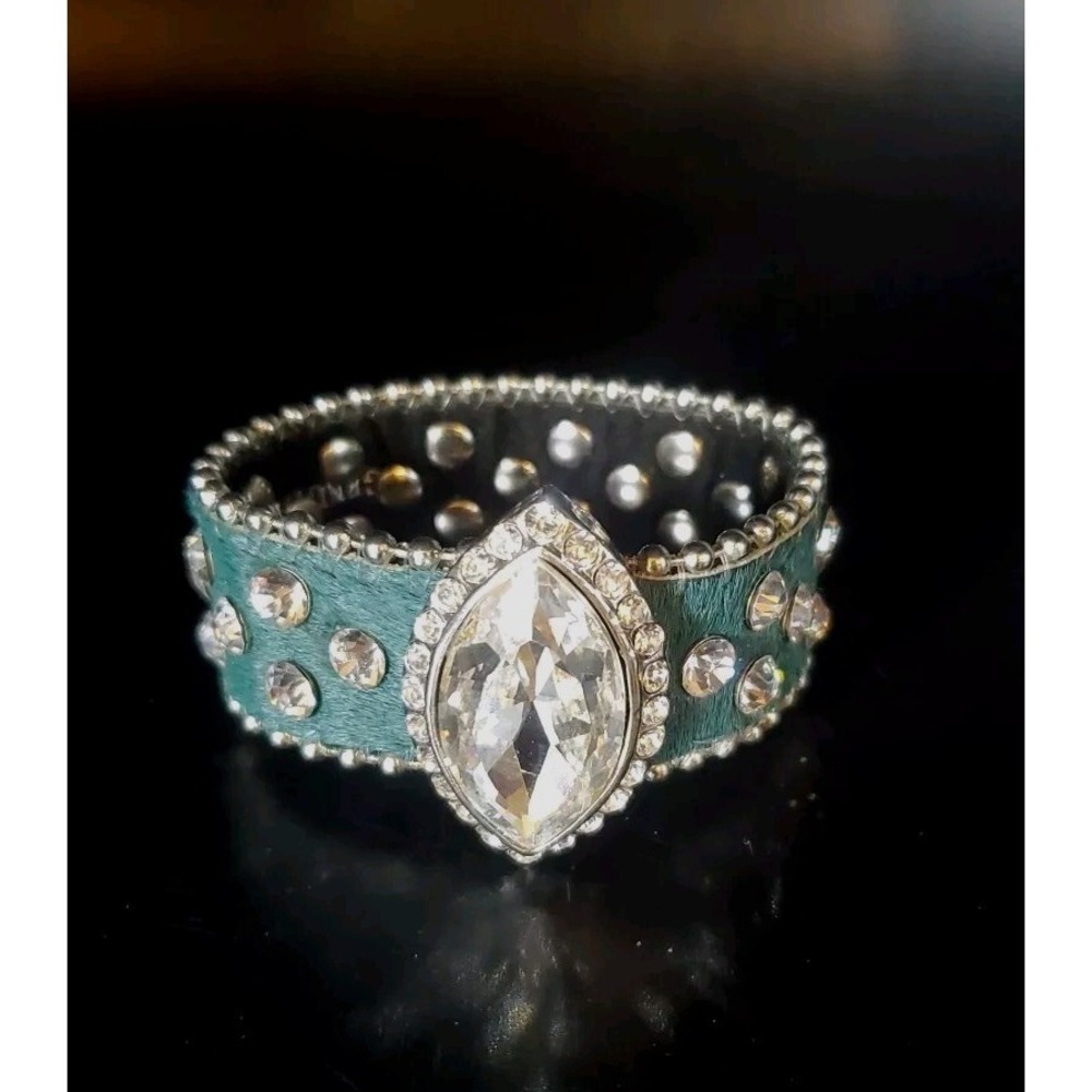 Rhinestone And Genuine Leather Dark Blue/Green Bracelet/Cuff. Silvertone Accents